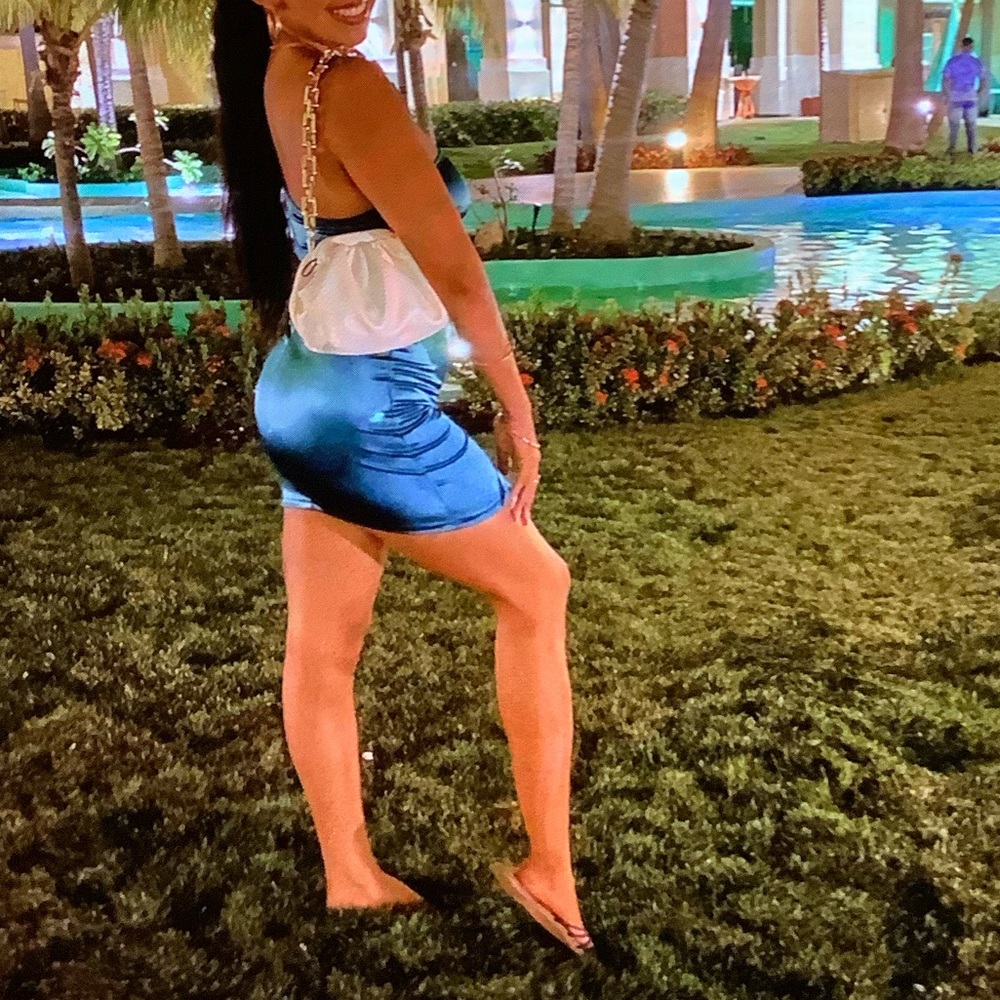 Satin, teal, mini dress - Picture 2 of 2